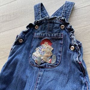 Vintage Denim Raggedy Ann Teddy Bear Overalls 90s Sz 12 months Kidcore Nostalgia